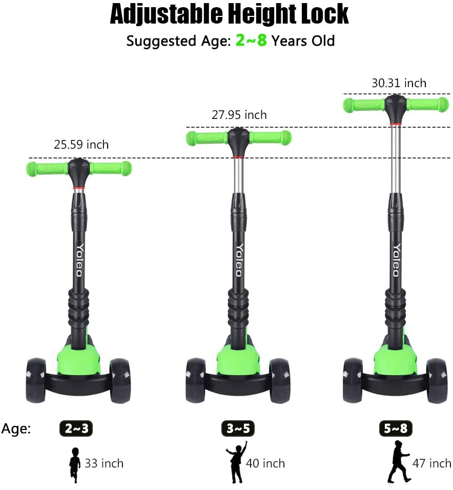 YOLEO Kids Three Wheel Kick Scooter with Removable Seat, LED Flashing Wheels, Height Adjustable Scooter