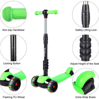 YOLEO Kids Three Wheel Kick Scooter with Removable Seat, LED Flashing Wheels, Height Adjustable Scooter