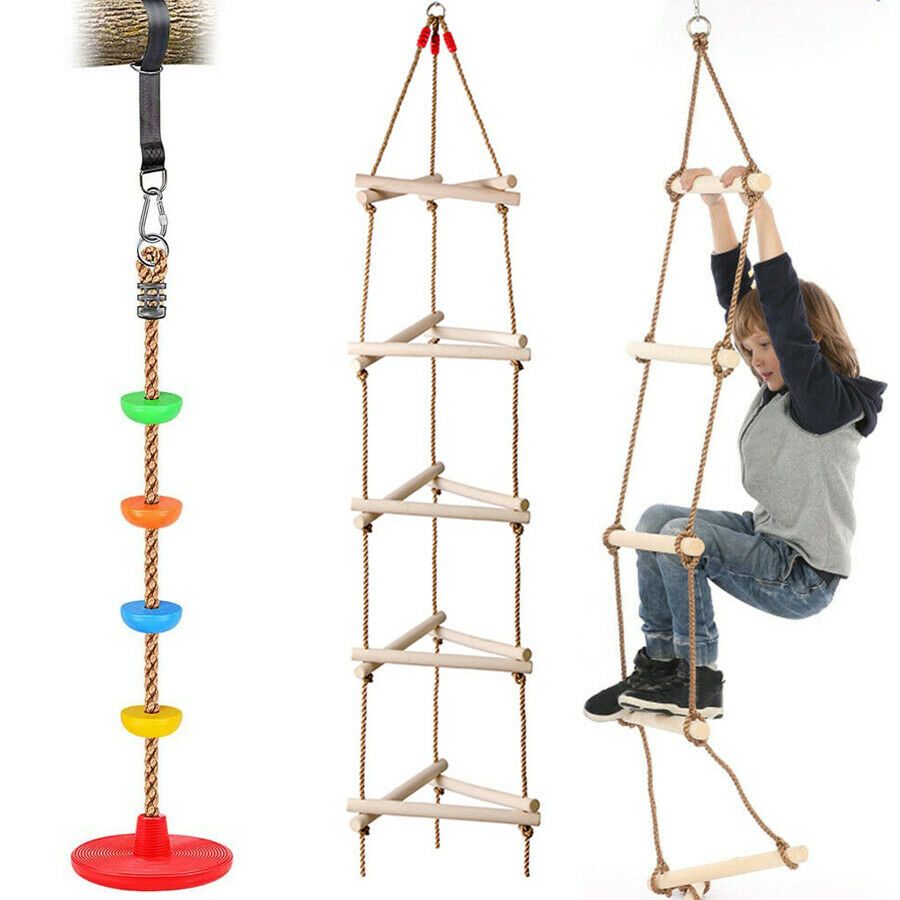 Kids Climbing Frame Ladder Outdoor Rope Swing Disc Seat Wooden Rungs Kids Toys