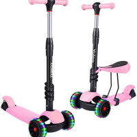 YOLEO Kids Three Wheel Kick Scooter with Removable Seat, LED Flashing Wheels, Height Adjustable Scooter