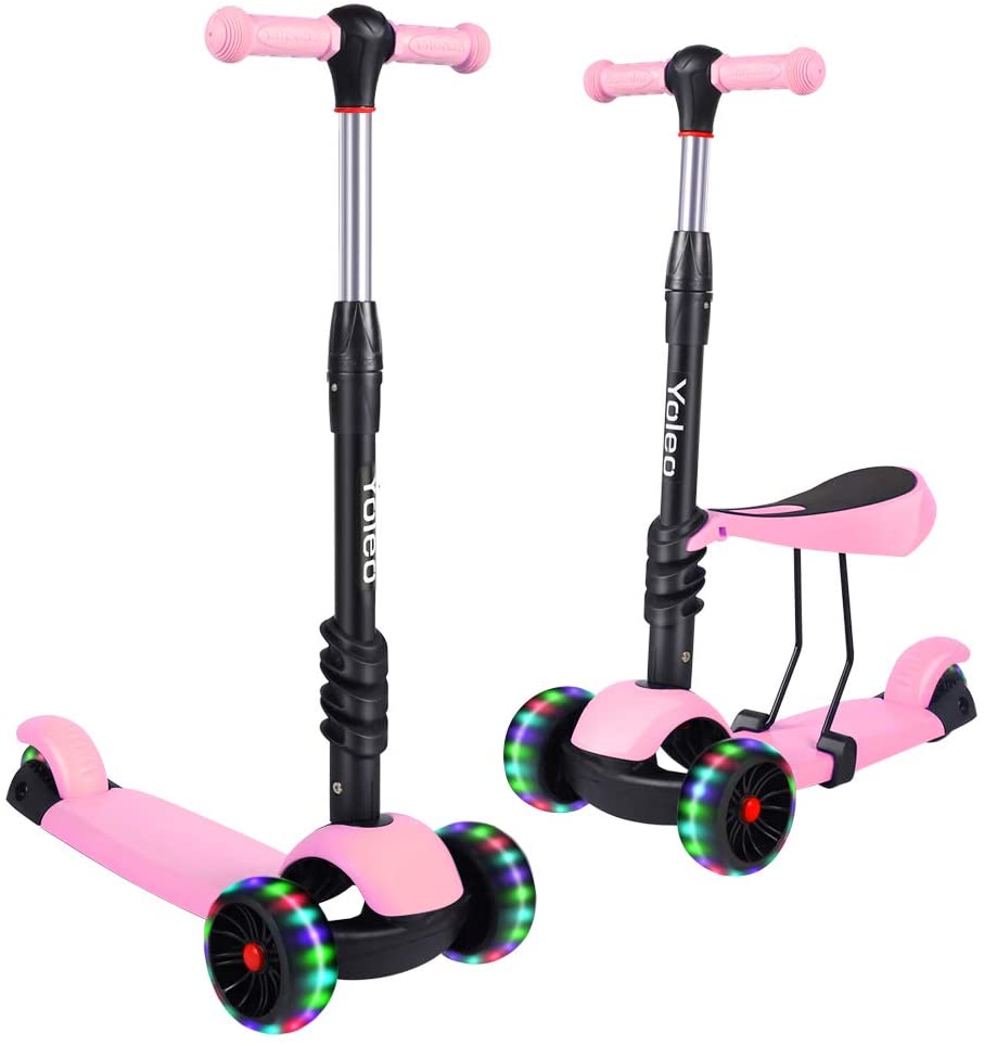 YOLEO Kids Three Wheel Kick Scooter with Removable Seat, LED Flashing Wheels, Height Adjustable Scooter