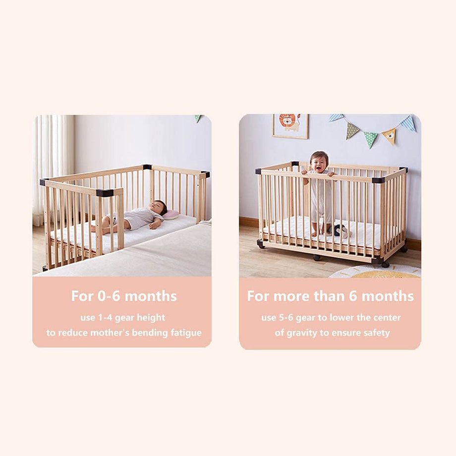 Dripex Baby Convertible Cots Wooden crib pine crib with rollers Wooden Cot Bed, unpainted and seamless stitching newborn crib, multifunctional sofa bed, playpen (100x65cm)