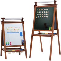 Dripex Kids Art Easel with Paper Roll, Double Sided Toddler Childrens Easel Chalkboard and Magnetic Dry Erase Board for Kid Painting and Drawing, Multiple Kids Art Supplies Included, Reddish Brown