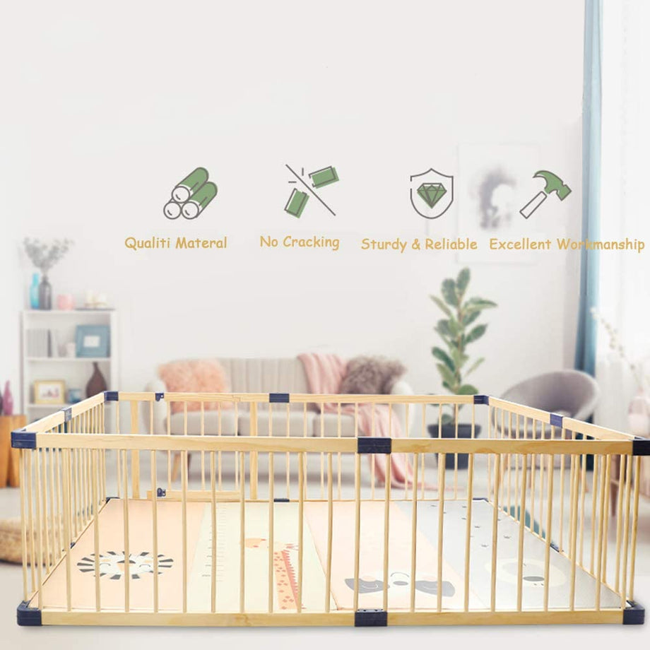 Dripex Wooden Baby Playpen, 8 Panels Large Play Fence for Toddlers, Kids Rectangle Activity Center Safety Play Yard with Lockable Door for Indoor and Outdoor