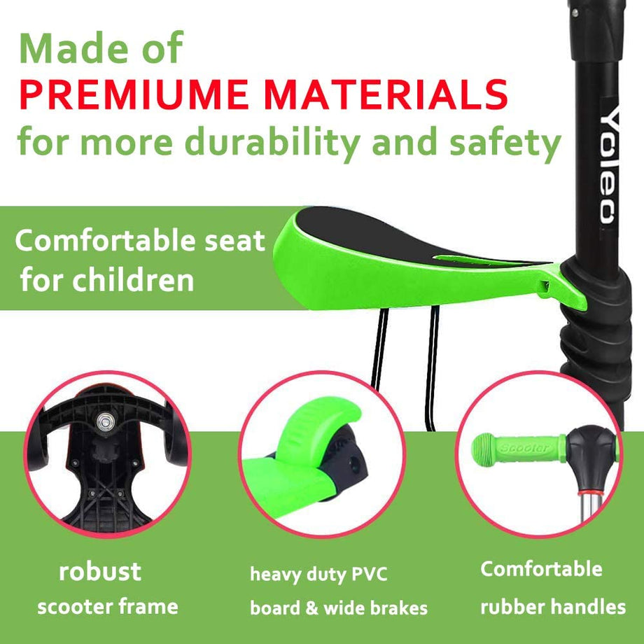 YOLEO Kids Three Wheel Kick Scooter with Removable Seat, LED Flashing Wheels, Height Adjustable Scooter