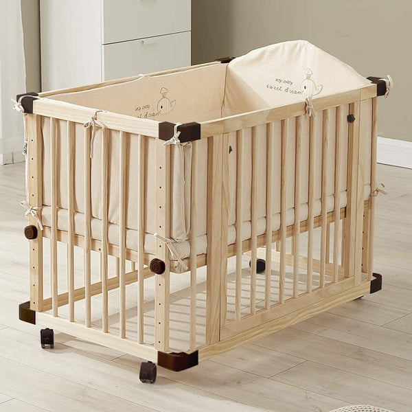 Dripex Baby Convertible Cots Wooden crib pine crib with rollers Wooden Cot Bed, unpainted and seamless stitching newborn crib, multifunctional sofa bed, playpen (100x65cm)
