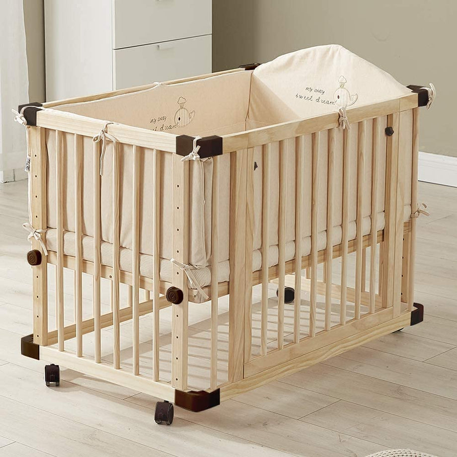 Dripex Baby Convertible Cots Wooden crib pine crib with rollers Wooden Cot Bed, unpainted and seamless stitching newborn crib, multifunctional sofa bed, playpen (100x65cm)