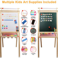 Dripex Kids Art Easel with Paper Roll, Double Sided Toddler Childrens Easel Chalkboard and Magnetic Dry Erase Board for Kid Painting and Drawing, Multiple Kids Art Supplies Included, Reddish Brown
