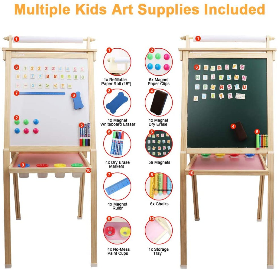 Dripex Kids Art Easel with Paper Roll, Double Sided Toddler Childrens Easel Chalkboard and Magnetic Dry Erase Board for Kid Painting and Drawing, Multiple Kids Art Supplies Included, Reddish Brown