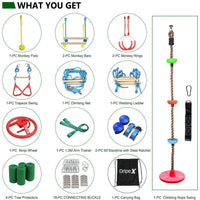 Ninja Warrior Obstacle Course for Kids - 2X60FT Ninja Slackline with Most Complete Accessories for Kids, Climbing Rope Swing, Trapeze Swing, Ninja Wheel, Webbing Ladder Plus 1.2M Arm Trainer