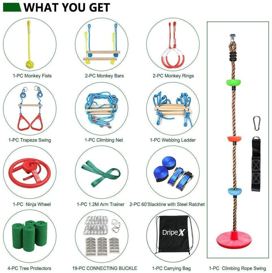 Ninja Warrior Obstacle Course for Kids - 2X50FT Ninja Slackline with Most Complete Accessories for Kids