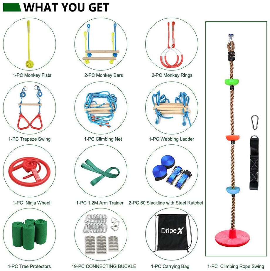 Ninja Warrior Obstacle Course for Kids - 2X60FT Ninja Slackline with Most Complete Accessories for Kids, Climbing Rope Swing, Trapeze Swing, Ninja Wheel, Webbing Ladder Plus 1.2M Arm Trainer