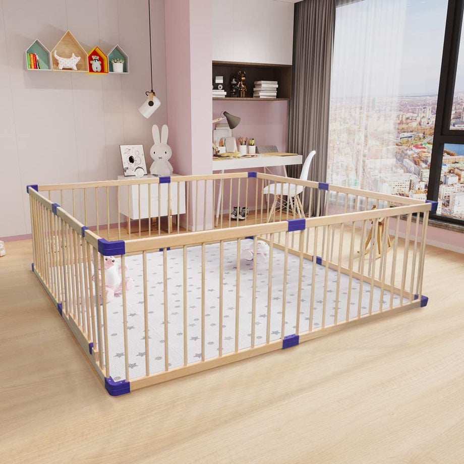 Dripex Wooden Baby Playpen, 8 Panels Large Play Fence for Toddlers, Kids Rectangle Activity Center Safety Play Yard with Lockable Door for Indoor and Outdoor