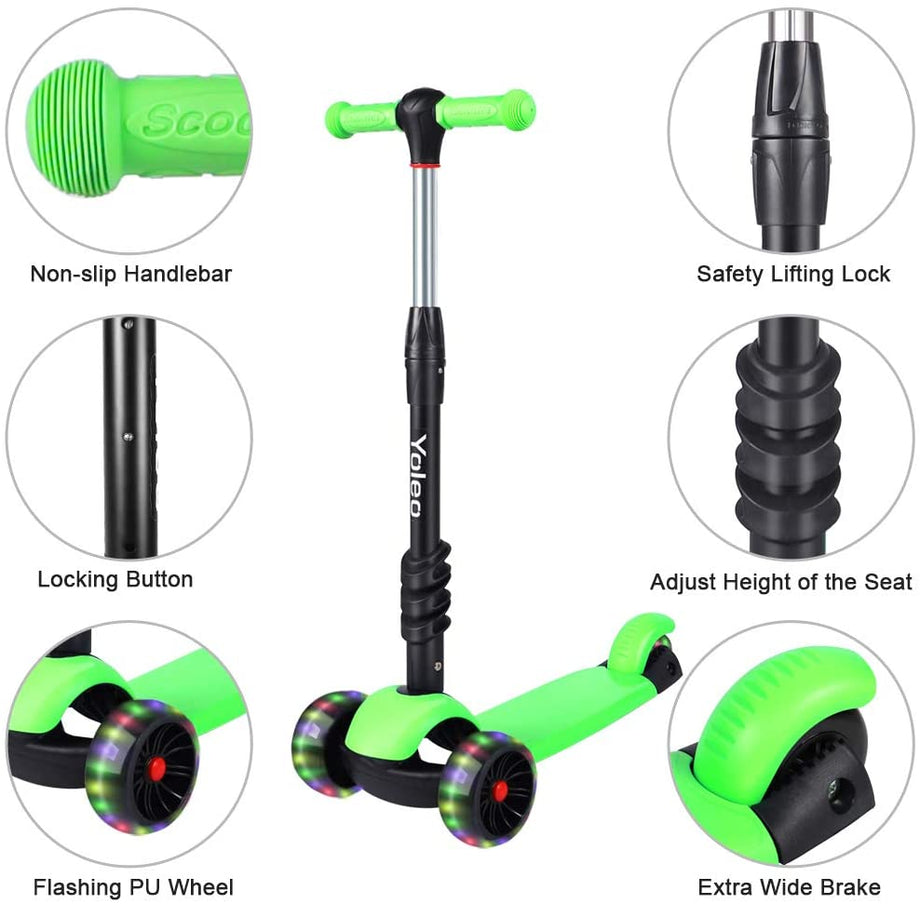 YOLEO Kids Three Wheel Kick Scooter with Removable Seat, LED Flashing Wheels, Height Adjustable Scooter