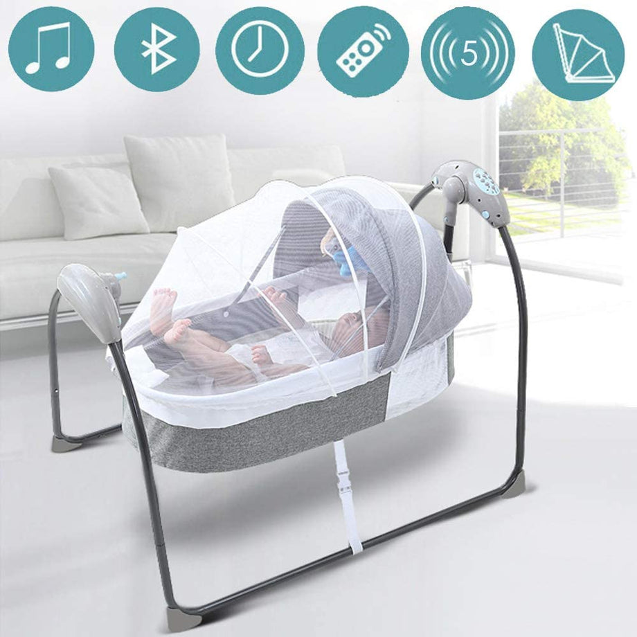 Electric Baby Cradle Toddler Rocker Bed, Newborns Bouncer Swing Bassinet Rocking Crib Infant Bed with Bluetooth Music, Remote Control，5 Swing Amplitudes