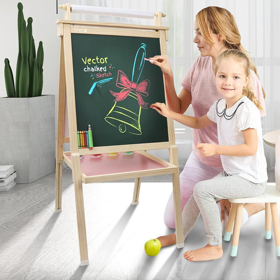 Dripex Kids Art Easel with Paper Roll, Double Sided Toddler Childrens Easel Chalkboard and Magnetic Dry Erase Board for Kid Painting and Drawing, Multiple Kids Art Supplies Included, Reddish Brown
