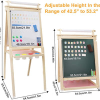 Dripex Kids Art Easel with Paper Roll, Double Sided Toddler Childrens Easel Chalkboard and Magnetic Dry Erase Board for Kid Painting and Drawing, Multiple Kids Art Supplies Included, Reddish Brown