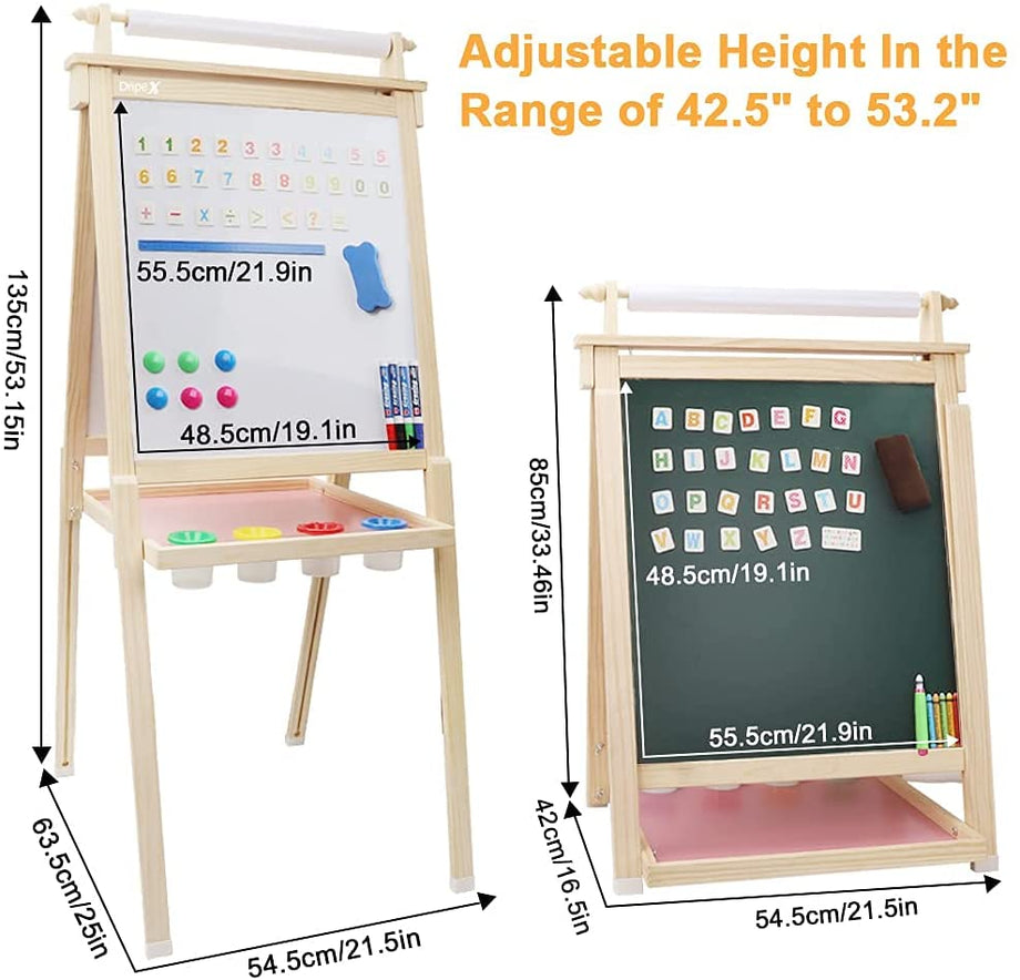 Dripex Kids Art Easel with Paper Roll, Double Sided Toddler Childrens Easel Chalkboard and Magnetic Dry Erase Board for Kid Painting and Drawing, Multiple Kids Art Supplies Included, Reddish Brown