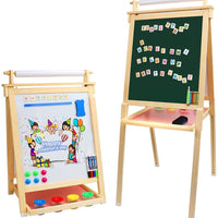 Dripex Kids Art Easel with Paper Roll, Double Sided Toddler Childrens Easel Chalkboard and Magnetic Dry Erase Board for Kid Painting and Drawing, Multiple Kids Art Supplies Included, Reddish Brown