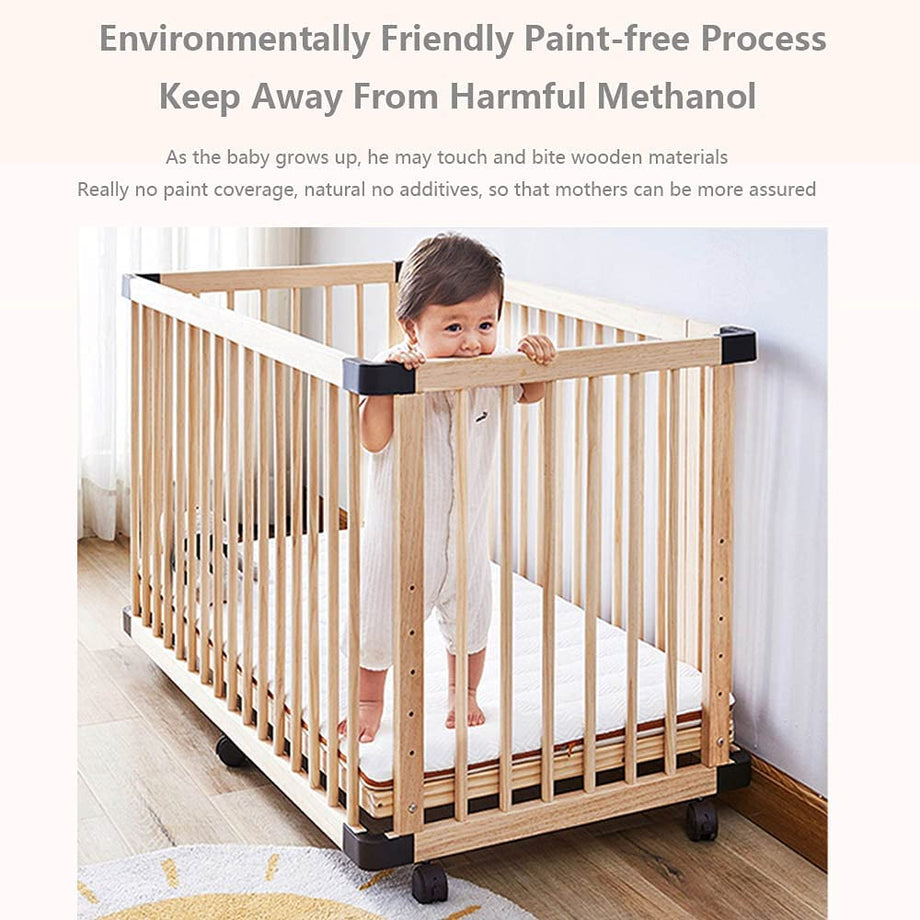 Dripex Baby Convertible Cots Wooden crib pine crib with rollers Wooden Cot Bed, unpainted and seamless stitching newborn crib, multifunctional sofa bed, playpen (100x65cm)