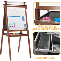Dripex Kids Art Easel with Paper Roll, Double Sided Toddler Childrens Easel Chalkboard and Magnetic Dry Erase Board for Kid Painting and Drawing, Multiple Kids Art Supplies Included, Reddish Brown