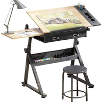 Dripex Adjustable Drawing Table Painting Desk with Tiltable Tabletop Architecture Design Work Station, Study, Drafting, Home Office Computer Desk (Including Stool)
