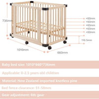 Dripex Baby Convertible Cots Wooden crib pine crib with rollers Wooden Cot Bed, unpainted and seamless stitching newborn crib, multifunctional sofa bed, playpen (100x65cm)