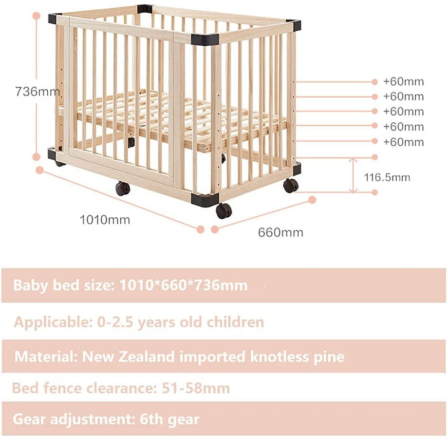 Dripex Baby Convertible Cots Wooden crib pine crib with rollers Wooden Cot Bed, unpainted and seamless stitching newborn crib, multifunctional sofa bed, playpen (100x65cm)