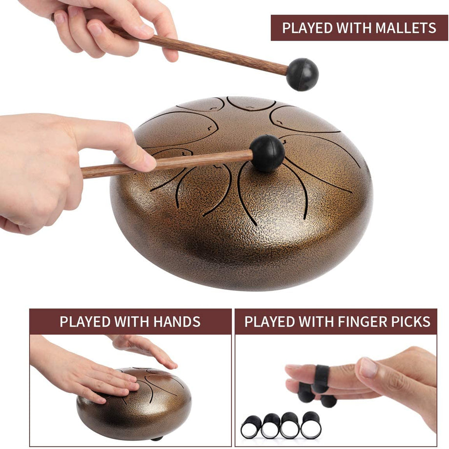 Dripex Steel Tongue Drum 8 Notes 8 Inch Percussion Instrument Handpan Ethereal Drum with with Bag, Music Book, Mallets, Finger Picks
