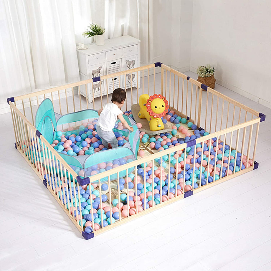 Dripex Wooden Baby Playpen, 8 Panels Large Play Fence for Toddlers, Kids Rectangle Activity Center Safety Play Yard with Lockable Door for Indoor and Outdoor