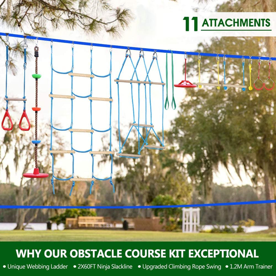 Ninja Warrior Obstacle Course for Kids - 2X50FT Ninja Slackline with Most Complete Accessories for Kids