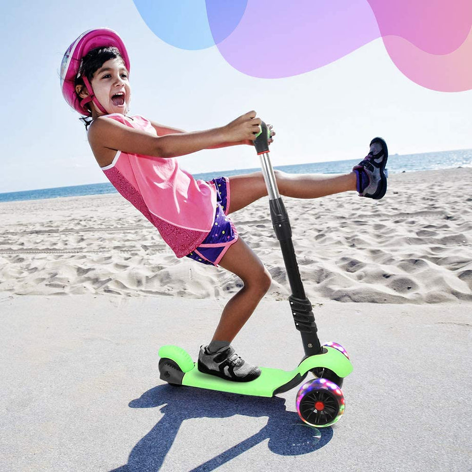 YOLEO Kids Three Wheel Kick Scooter with Removable Seat, LED Flashing Wheels, Height Adjustable Scooter