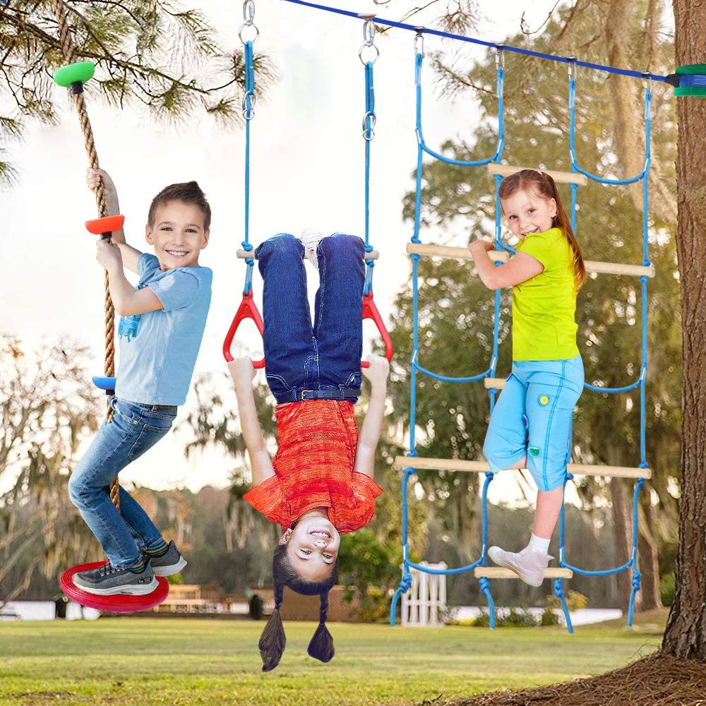 Kids Climbing Rope Set With Colorful Rings - Outdoor Ninja Rope Ladder For Trees & Walls