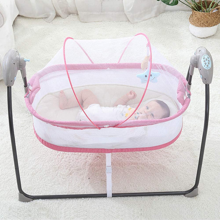 Electric Baby Cradle Toddler Rocker Bed, Newborns Bouncer Swing Bassinet Rocking Crib Infant Bed with Bluetooth Music, Remote Control，5 Swing Amplitudes
