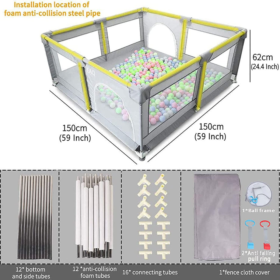Baby Playpen, Indoor & Outdoor Kids Activity Center with Anti-Slip Base, Sturdy Safety Play Yard with Super Soft Breathable Mesh, Kid's Fence for Infants Toddlers(Grey) (150*150CM)