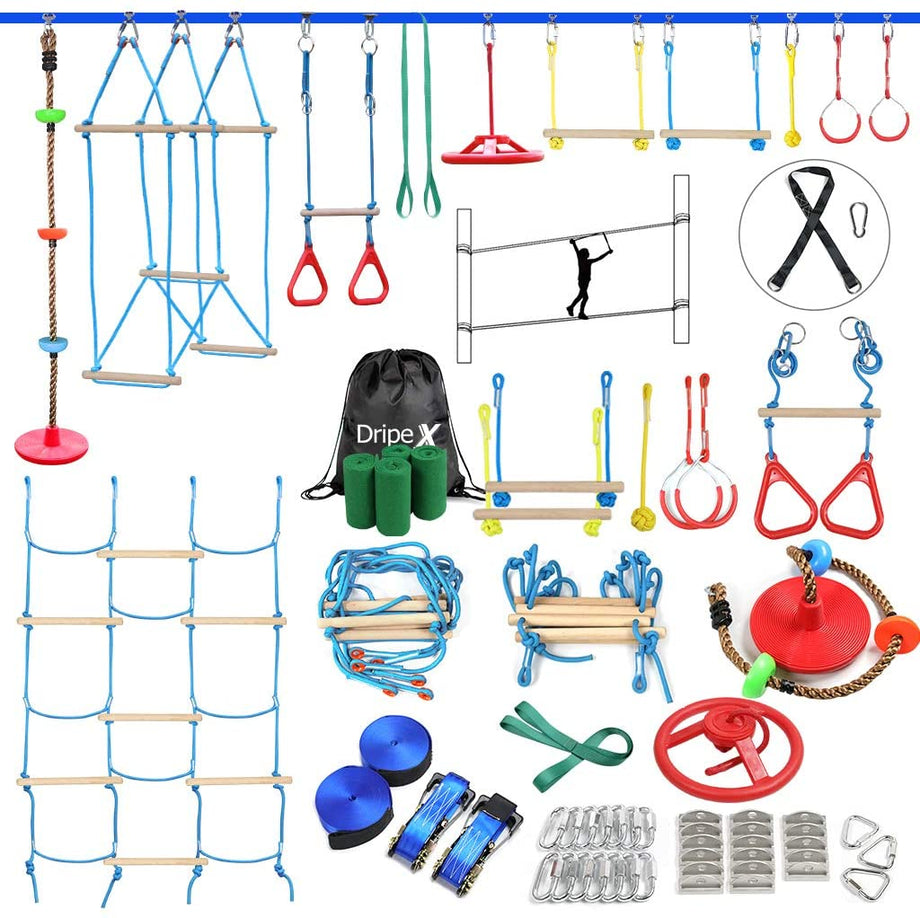 Ninja Warrior Obstacle Course for Kids - 2X60FT Ninja Slackline with Most Complete Accessories for Kids, Climbing Rope Swing, Trapeze Swing, Ninja Wheel, Webbing Ladder Plus 1.2M Arm Trainer