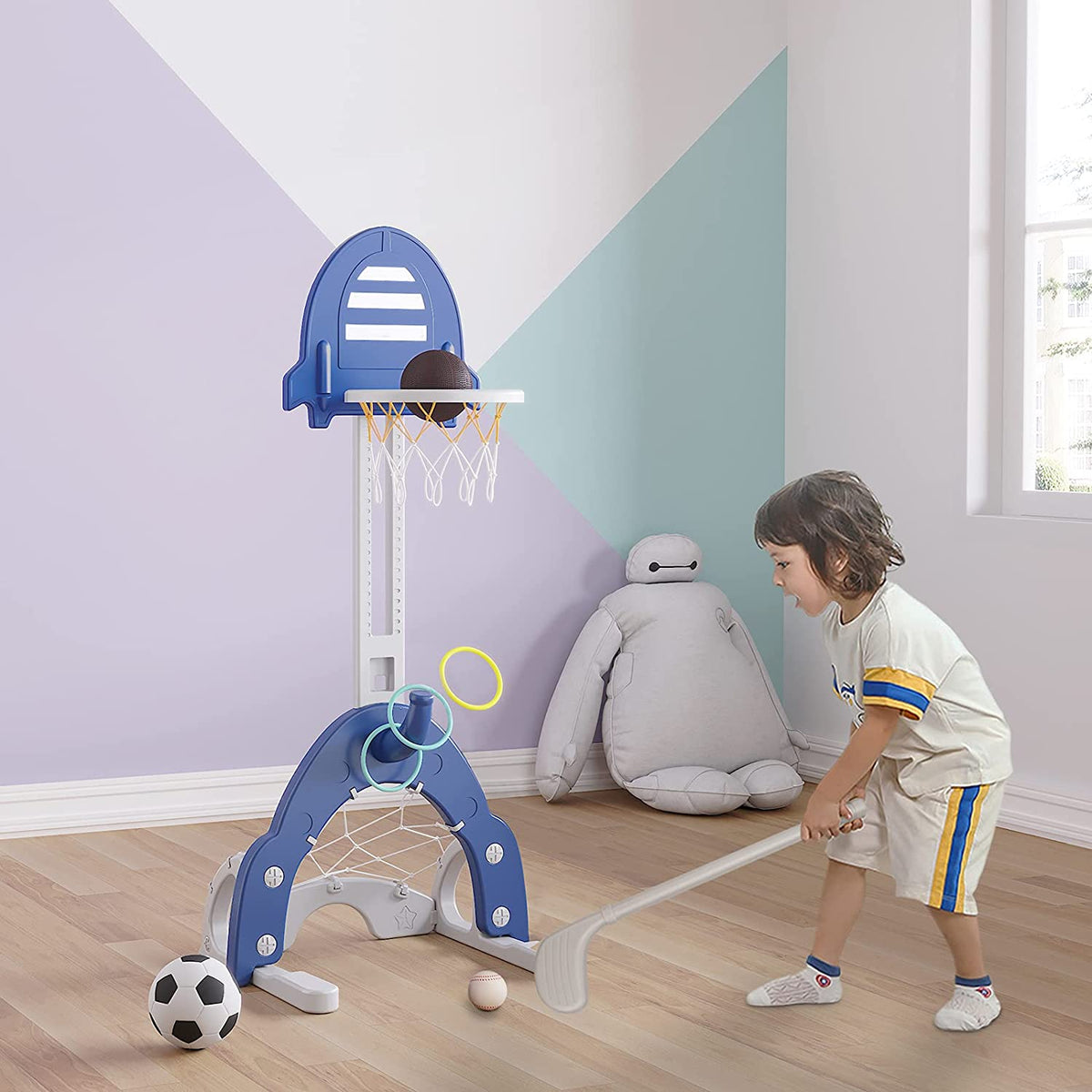 4-in-1 Adjustable Basketball Hoop Set - Multi-Sport Center With Soccer, Golf & Ring Toss For Kids