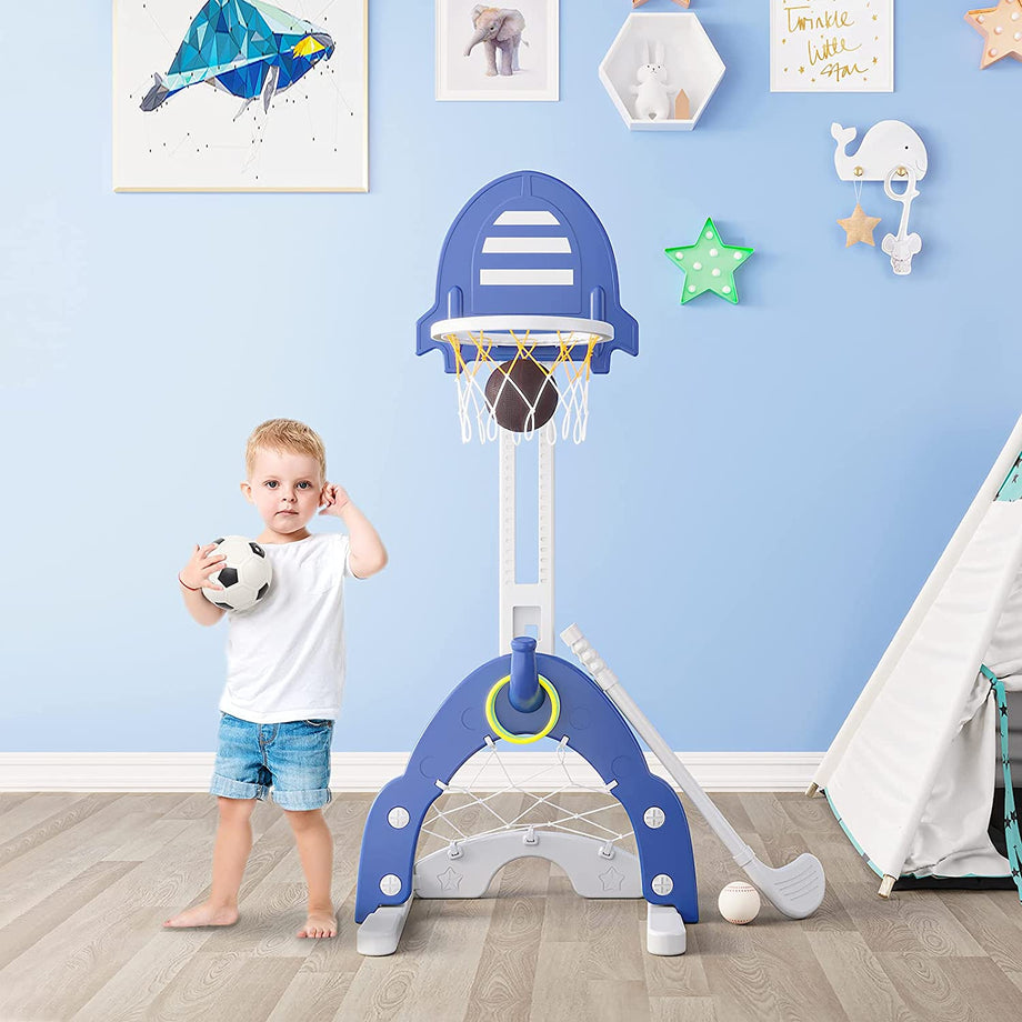 Dprodo Basketball Hoop for Kids 4 in 1 Sports Activity Center Basketball Football Golf Adjustable Height