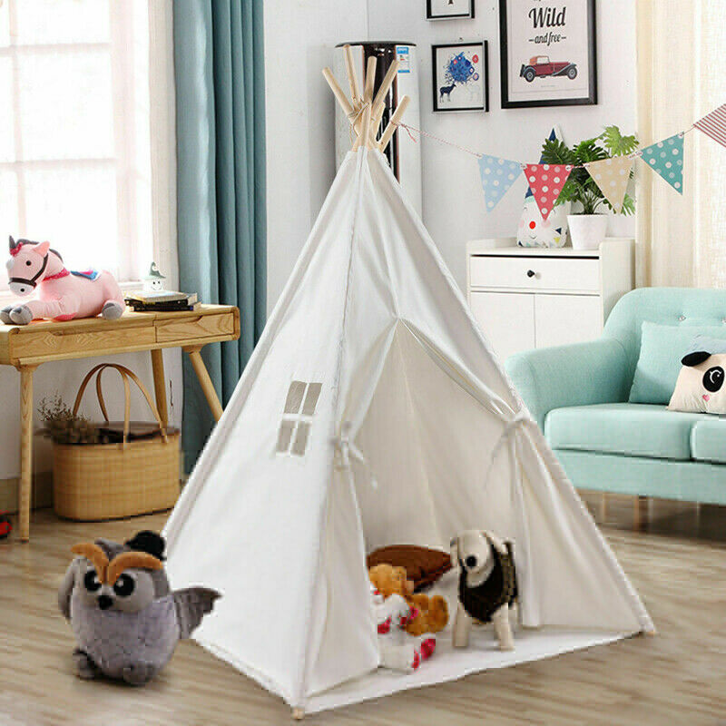 Foldable Wooden Canvas Kids Teepee Play Tent Portable Pop Up Playhouse