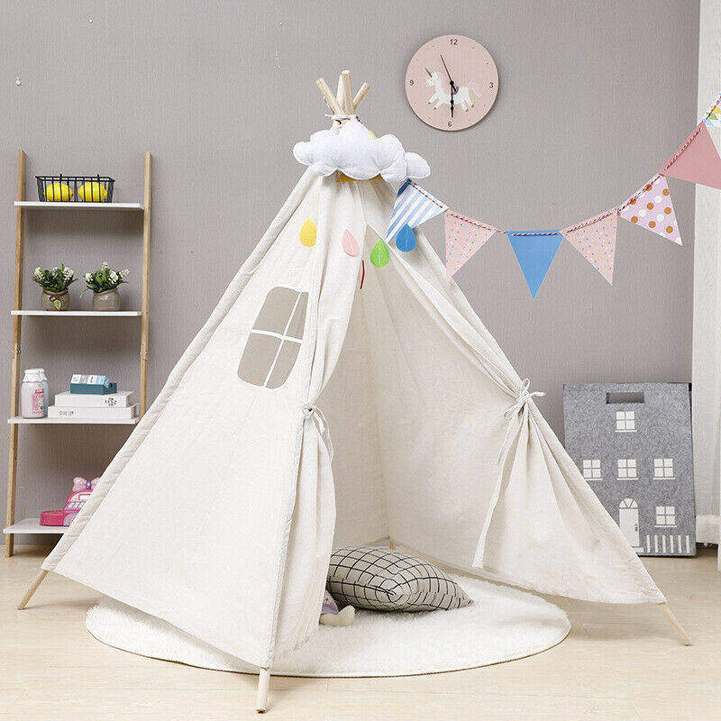 Foldable Wooden Canvas Kids Teepee Play Tent Portable Pop Up Playhouse