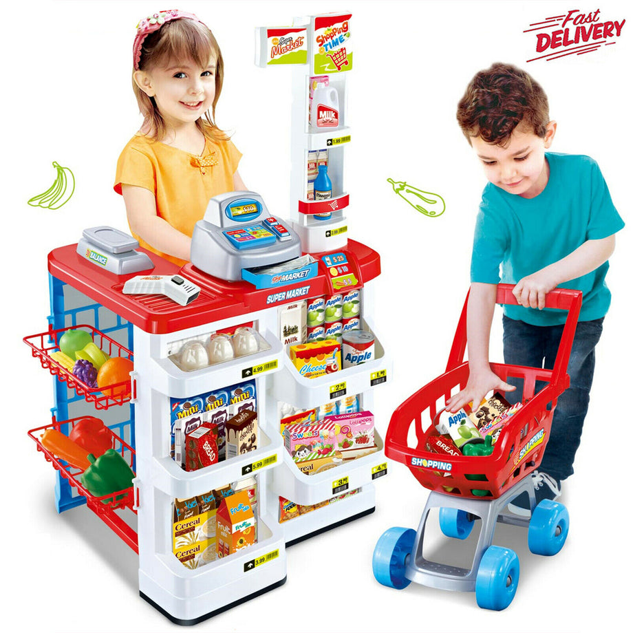 Kids Play Set Children Pretend Role Play Set Supermarket Shop Trolley & Food Toy