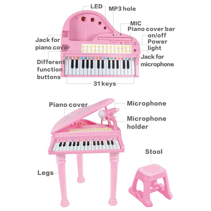 31 Key Princess Grand Piano Toy for Kids Boy Girl Children w/ Stool & Microphone
