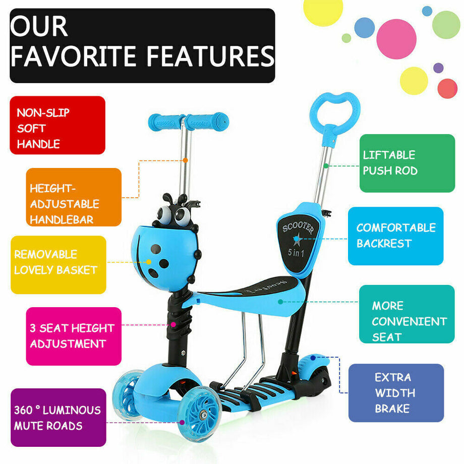 Kids Girls Boys Scooter 3 Wheel Adjustable Push Kick Scooter With Seat Led Light