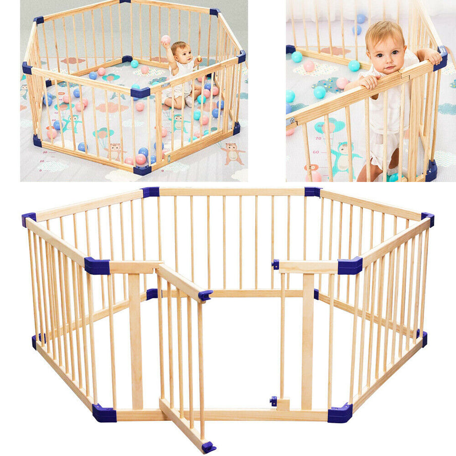 Dripex Wooden Baby Playpen, 8 Panels Large Play Fence for Toddlers, Kids Rectangle Activity Center Safety Play Yard with Lockable Door for Indoor and Outdoor